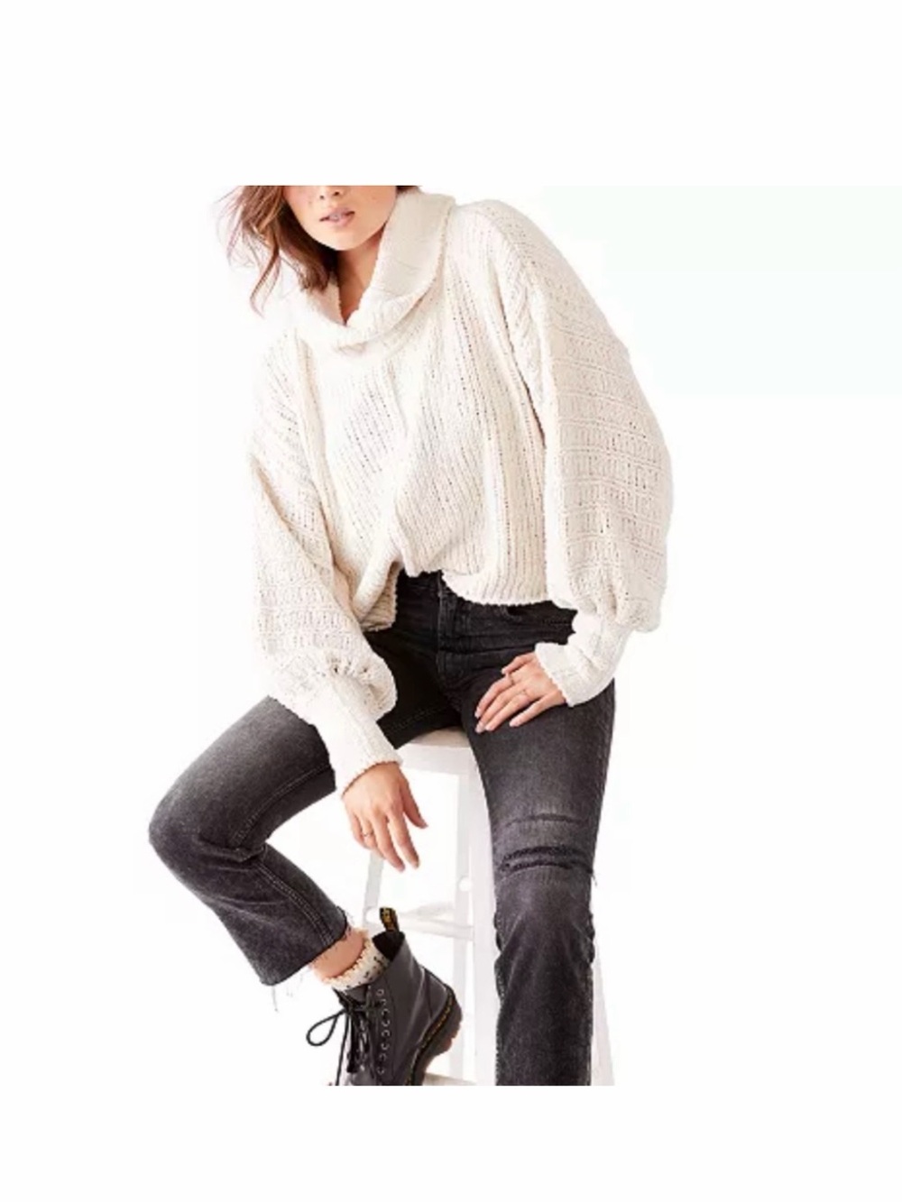 Free People Ivory Cable Cowl-Neck Pullover